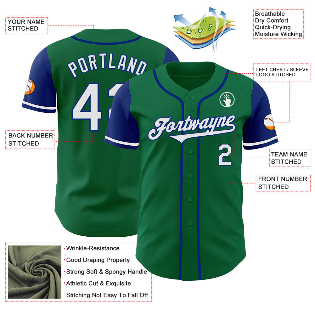 Custom Kelly Green White-Royal Authentic Two Tone Baseball Jersey baseball jersey product view 3