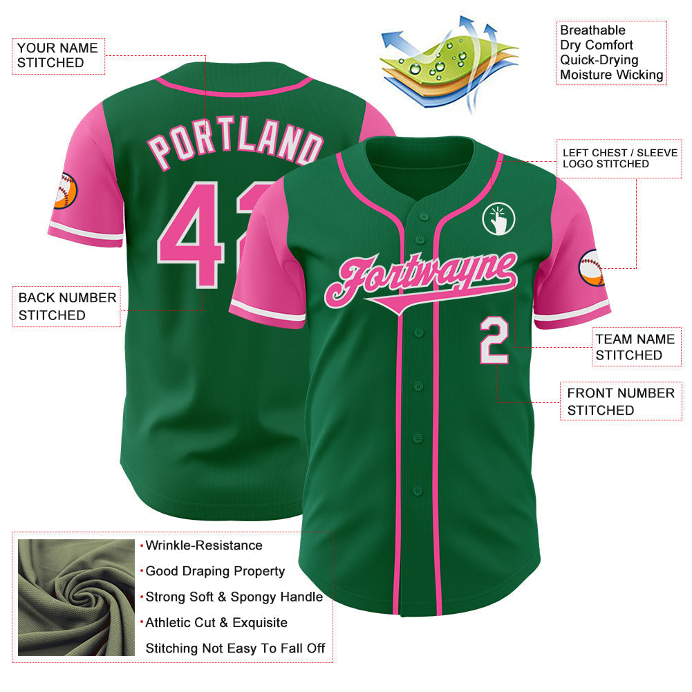 Custom Kelly Green Pink-White Authentic Two Tone Baseball Jersey baseball jersey product view 3