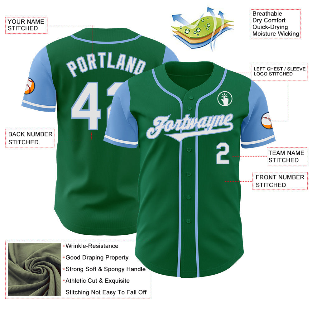 Custom Kelly Green White-Light Blue Authentic Two Tone Baseball Jersey baseball jersey product view 3