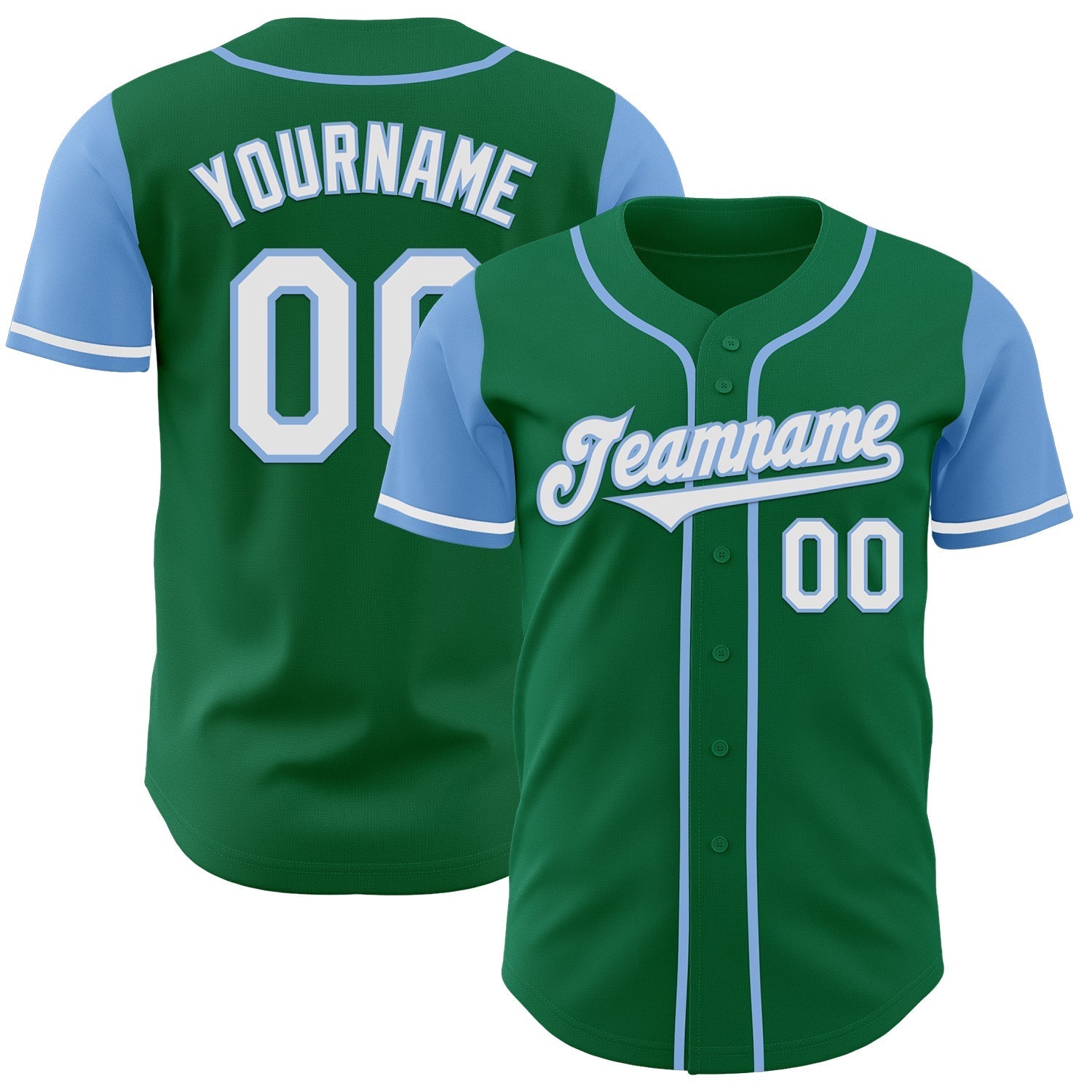 Custom Kelly Green White-Light Blue Authentic Two Tone Baseball Jersey baseball jersey product view 1