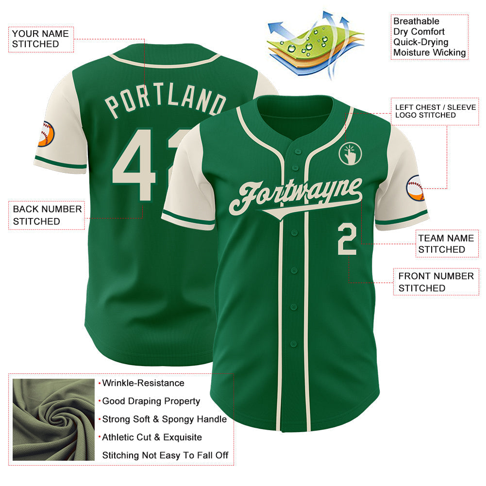 Custom Kelly Green Cream Authentic Two Tone Baseball Jersey baseball jersey product view 3