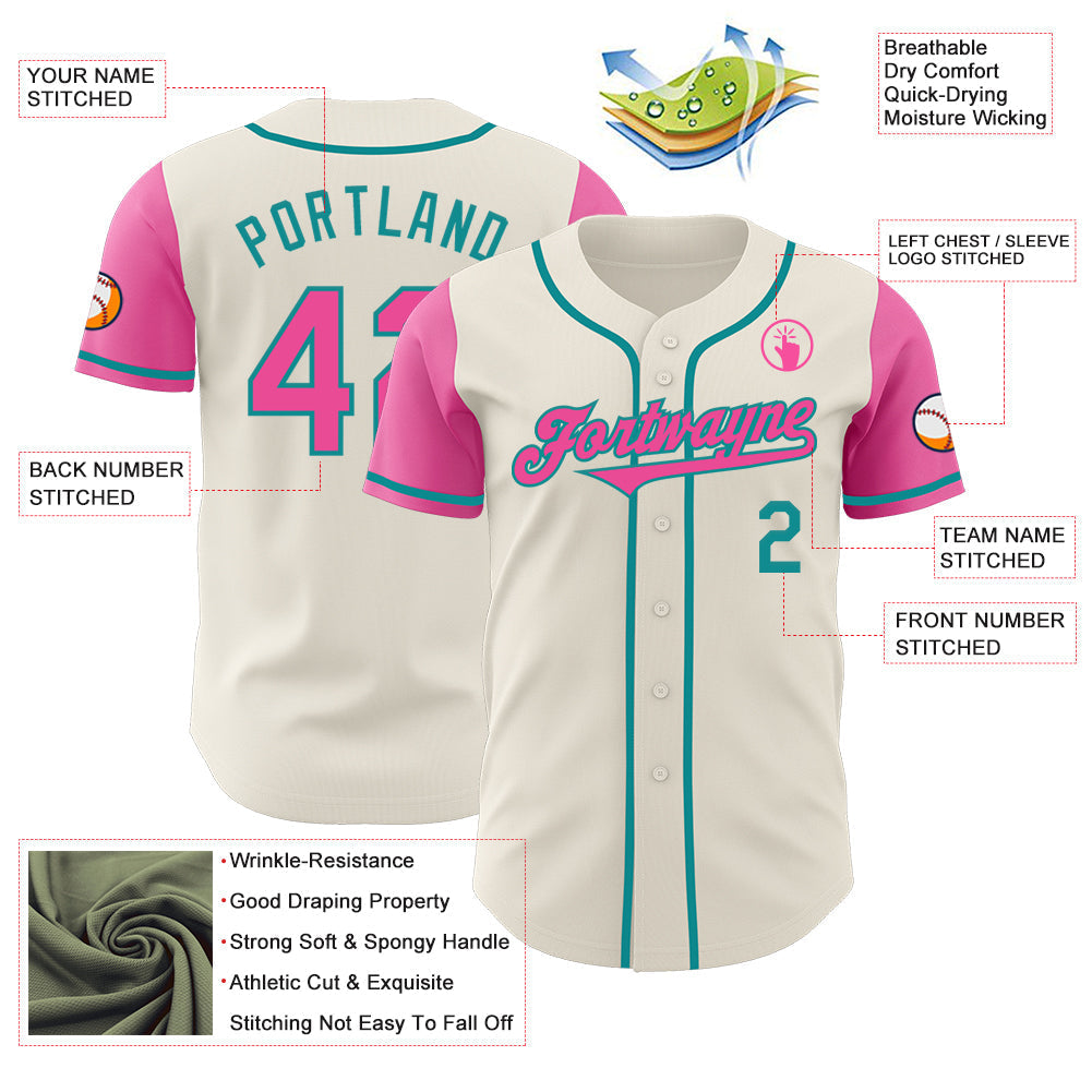 Custom Cream Pink-Teal Authentic Two Tone Baseball Jersey baseball jersey product view 3