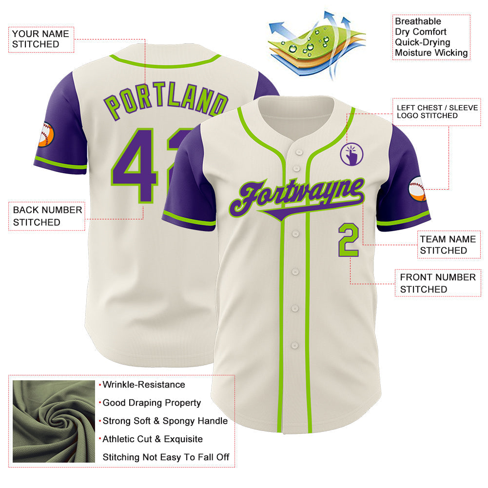 Custom Cream Purple-Neon Green Authentic Two Tone Baseball Jersey baseball jersey product view 3