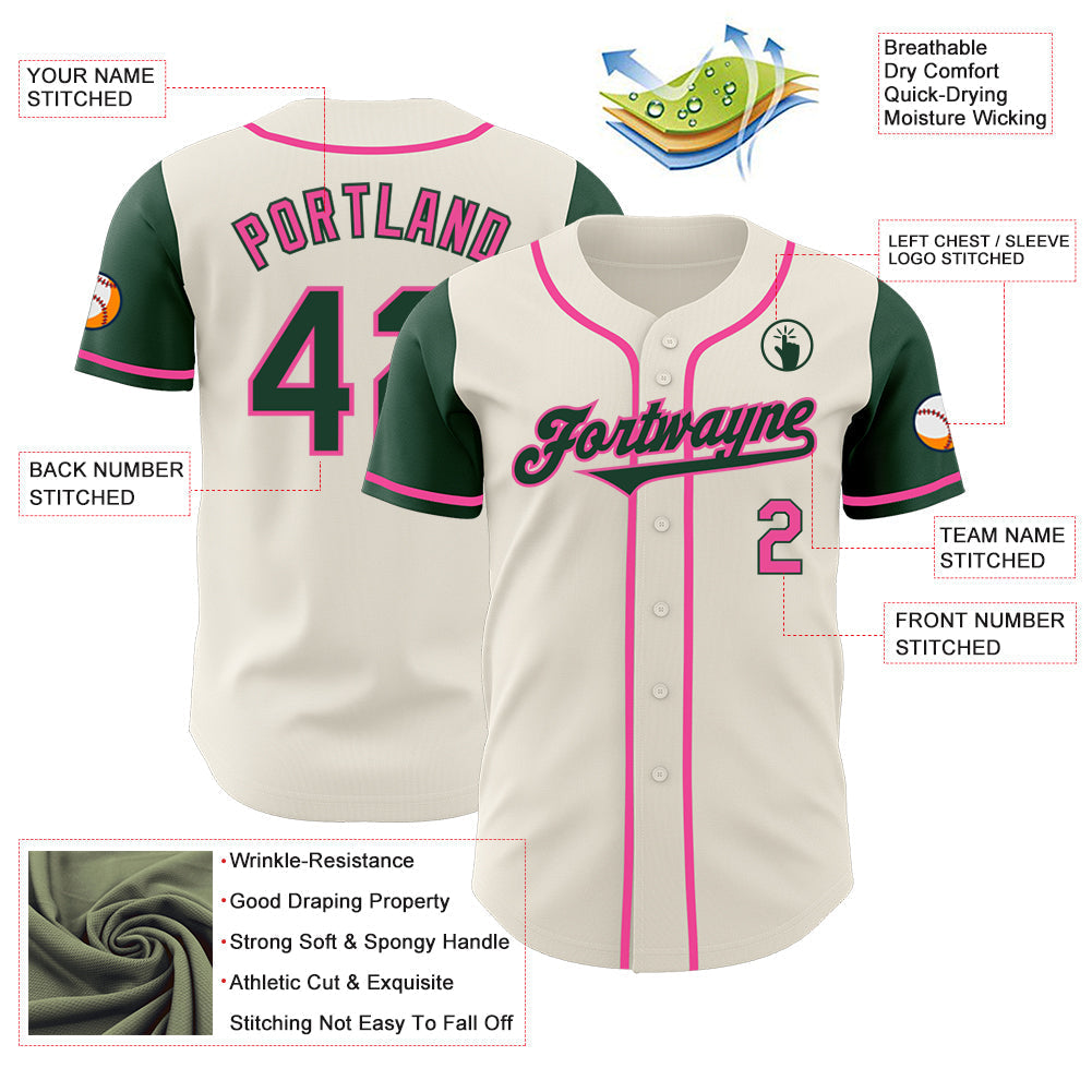 Custom Cream Green-Pink Authentic Two Tone Baseball Jersey baseball jersey product view 3