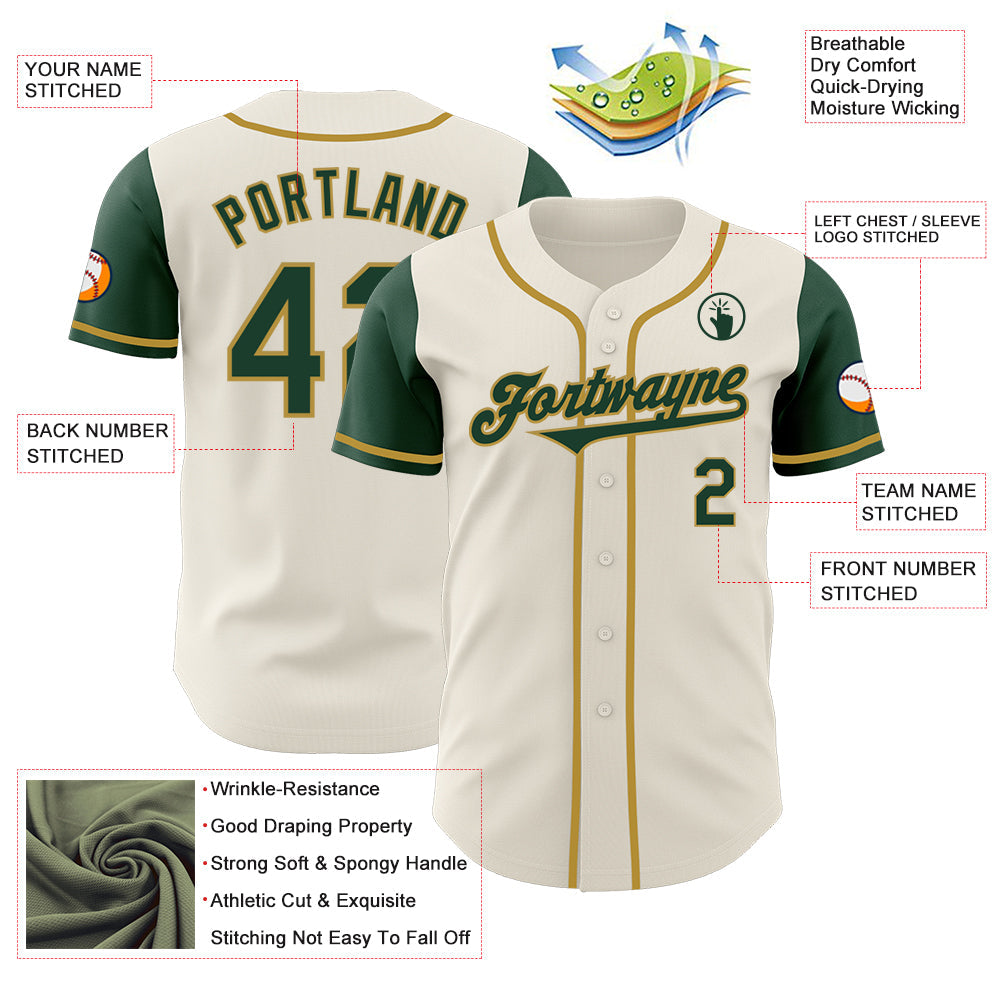 Custom Cream Green-Old Gold Authentic Two Tone Baseball Jersey baseball jersey product view 3
