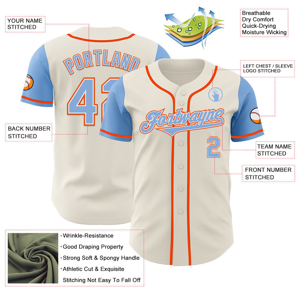 Custom Cream Light Blue White-Orange Authentic Two Tone Baseball Jersey baseball jersey product view 3