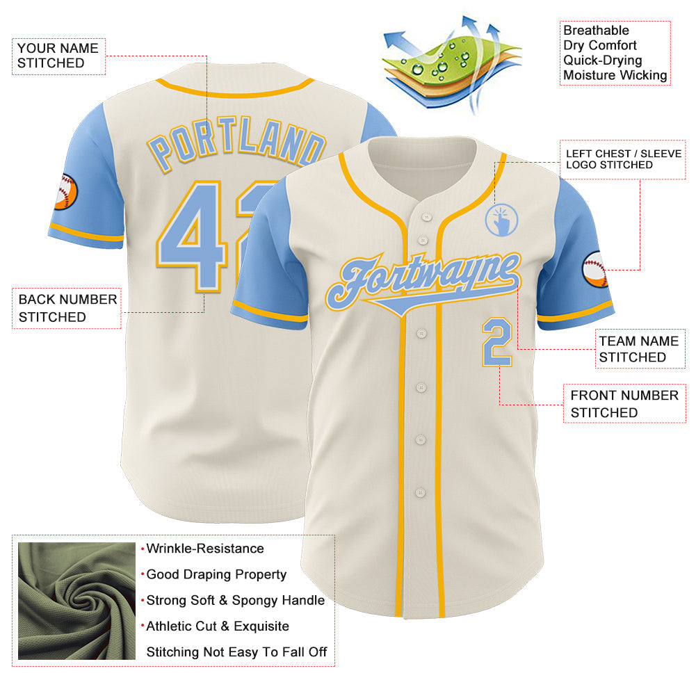 Custom Cream Light Blue White-Gold Authentic Two Tone Baseball Jersey baseball jersey product view 3