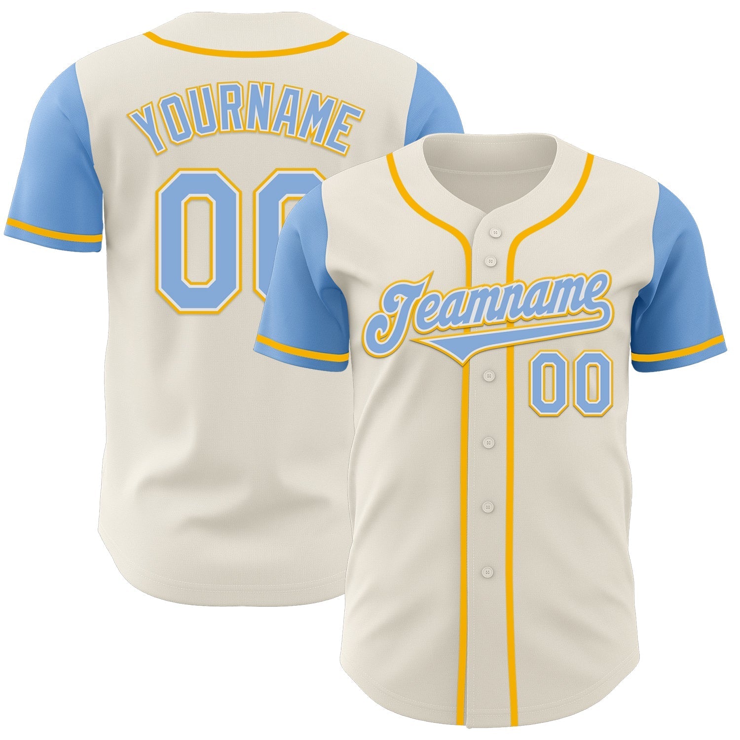 Custom Cream Light Blue White-Gold Authentic Two Tone Baseball Jersey baseball jersey product view 1
