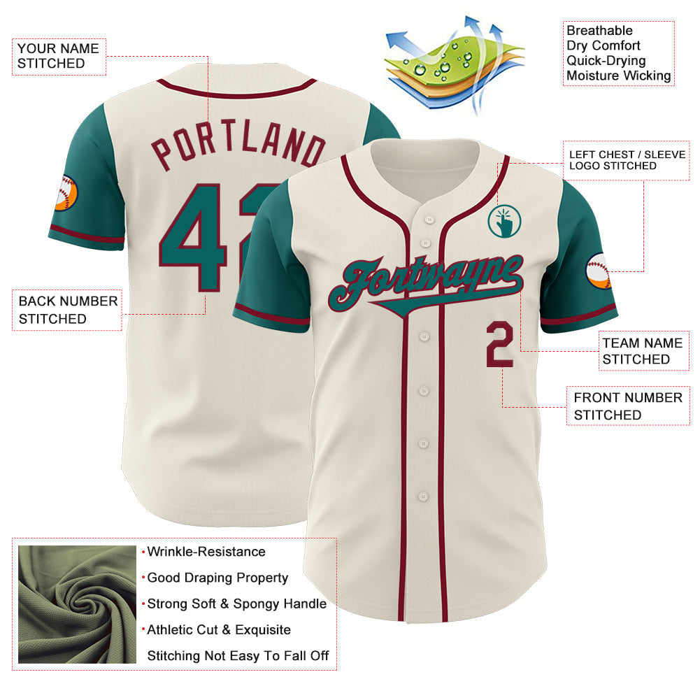 Custom Cream Teal-Crimson Authentic Two Tone Baseball Jersey baseball jersey product view 3
