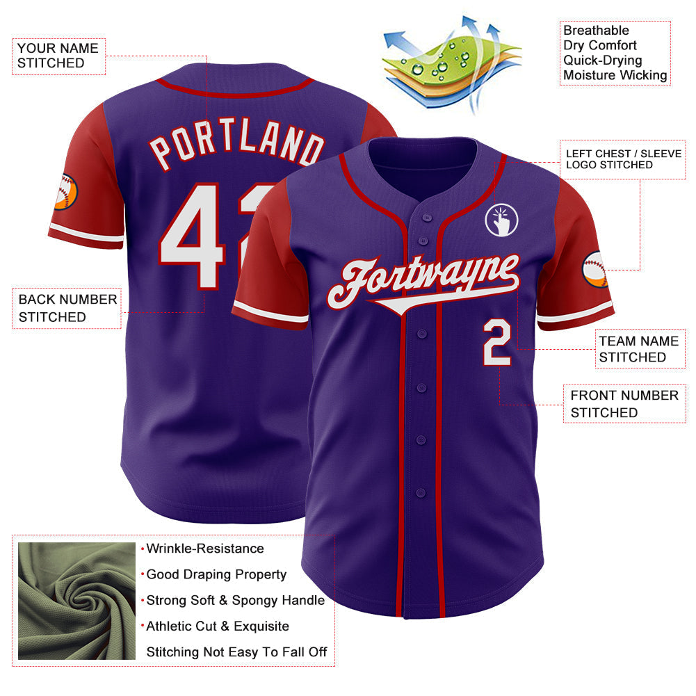 Custom Purple White-Red Authentic Two Tone Baseball Jersey baseball jersey product view 3
