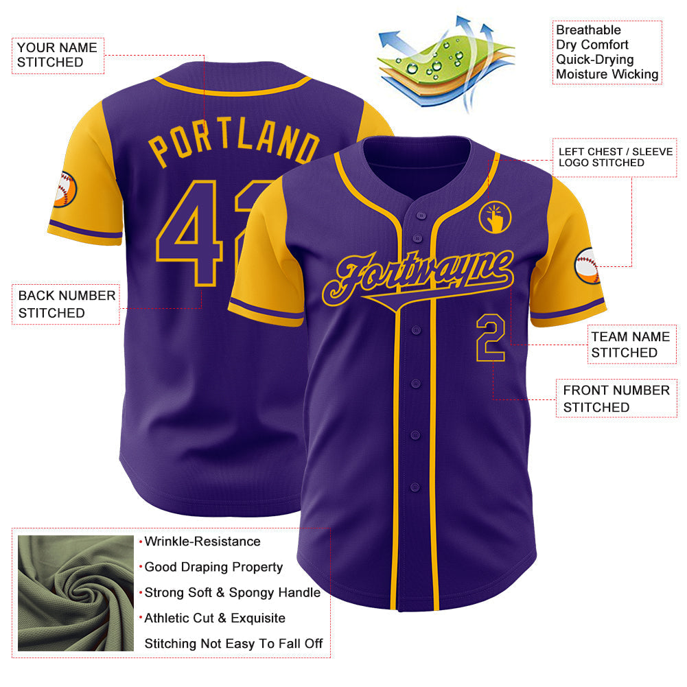 Custom Purple Gold Authentic Two Tone Baseball Jersey baseball jersey product view 3