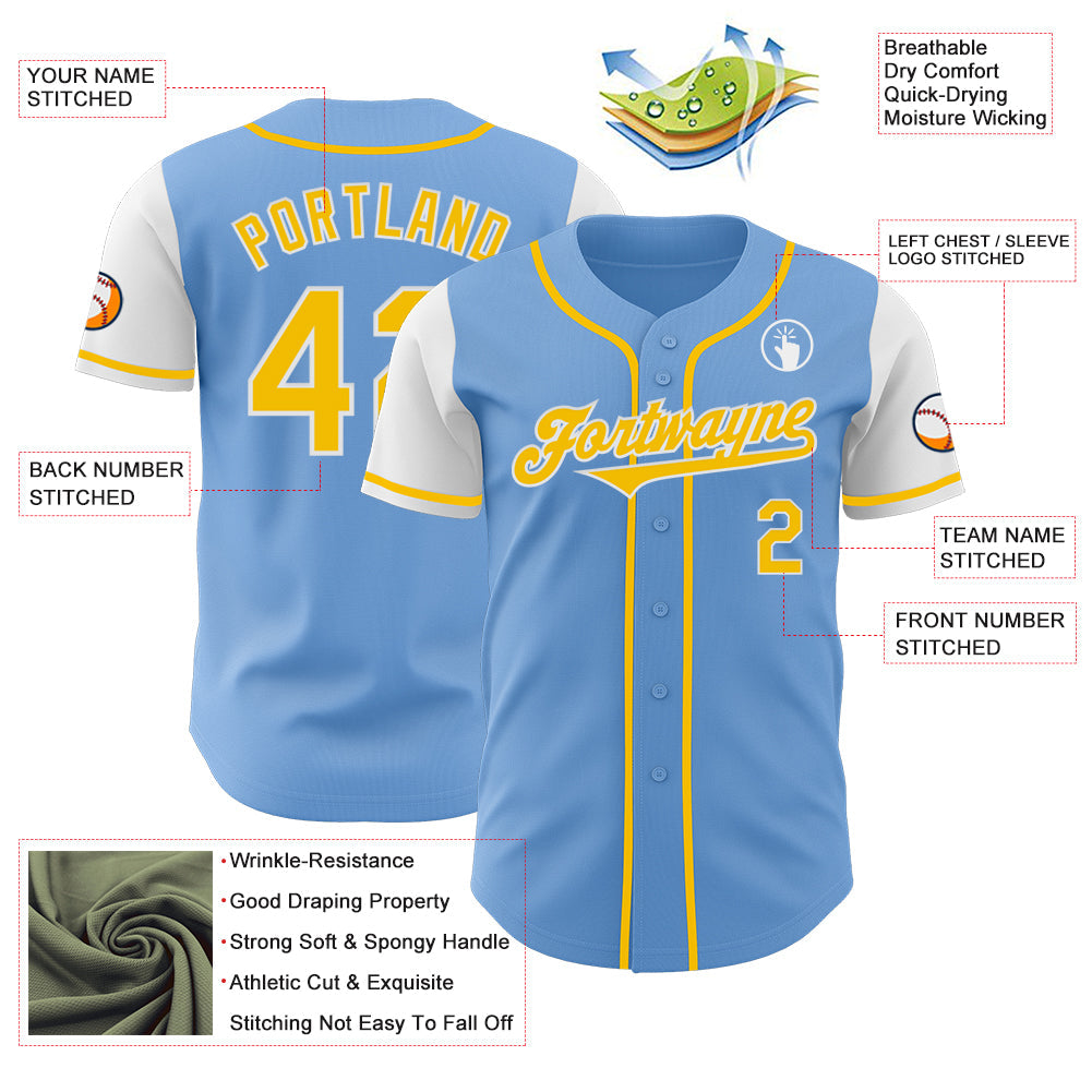 Custom Light Blue Yellow-White Authentic Two Tone Baseball Jersey baseball jersey product view 3