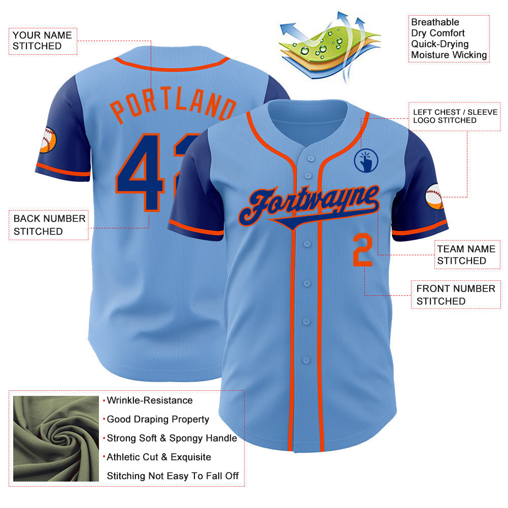 Custom Light Blue Royal-Orange Authentic Two Tone Baseball Jersey baseball jersey product view 3