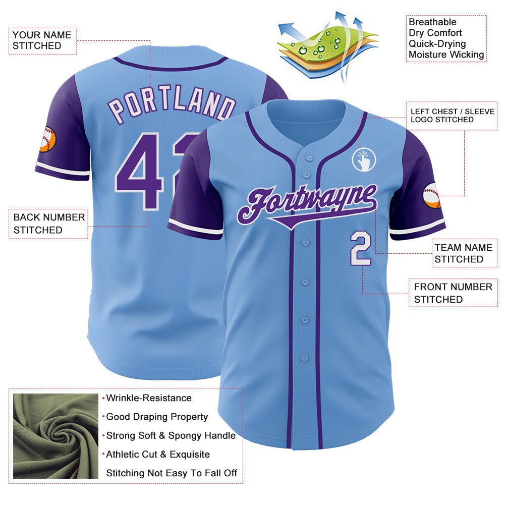 Custom Light Blue Purple-White Authentic Two Tone Baseball Jersey baseball jersey product view 3