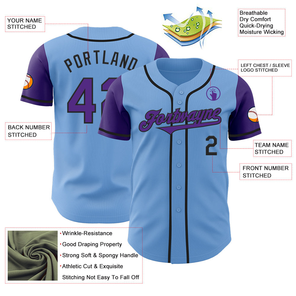 Custom Light Blue Purple-Black Authentic Two Tone Baseball Jersey baseball jersey product view 3