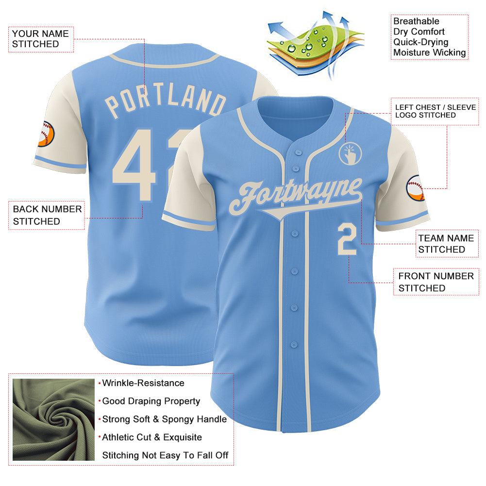 Custom Light Blue Cream Authentic Two Tone Baseball Jersey baseball jersey product view 3