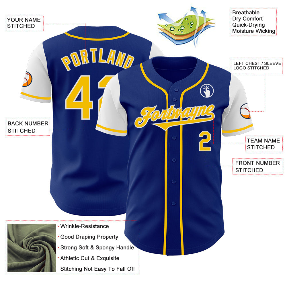 Custom Royal Yellow-White Authentic Two Tone Baseball Jersey baseball jersey product view 3