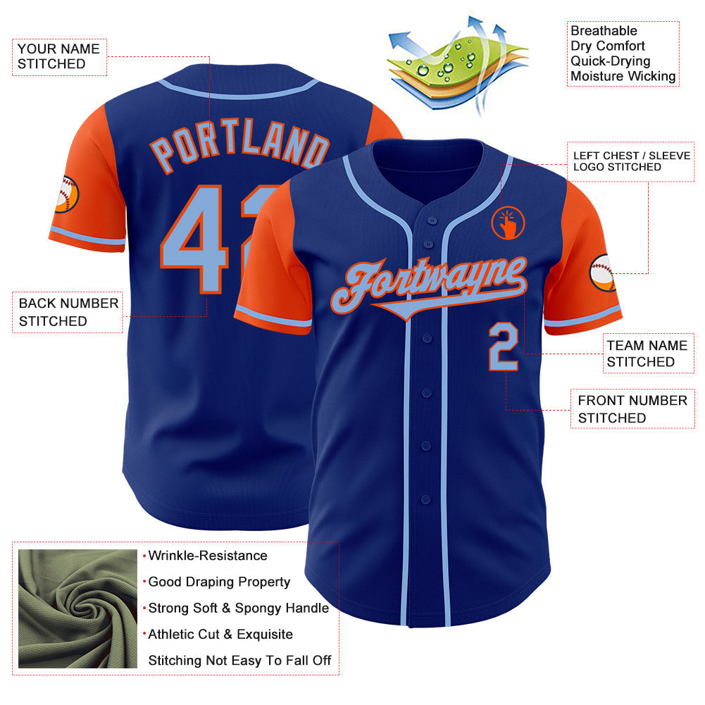 Custom Royal Light Blue-Orange Authentic Two Tone Baseball Jersey baseball jersey product view 3