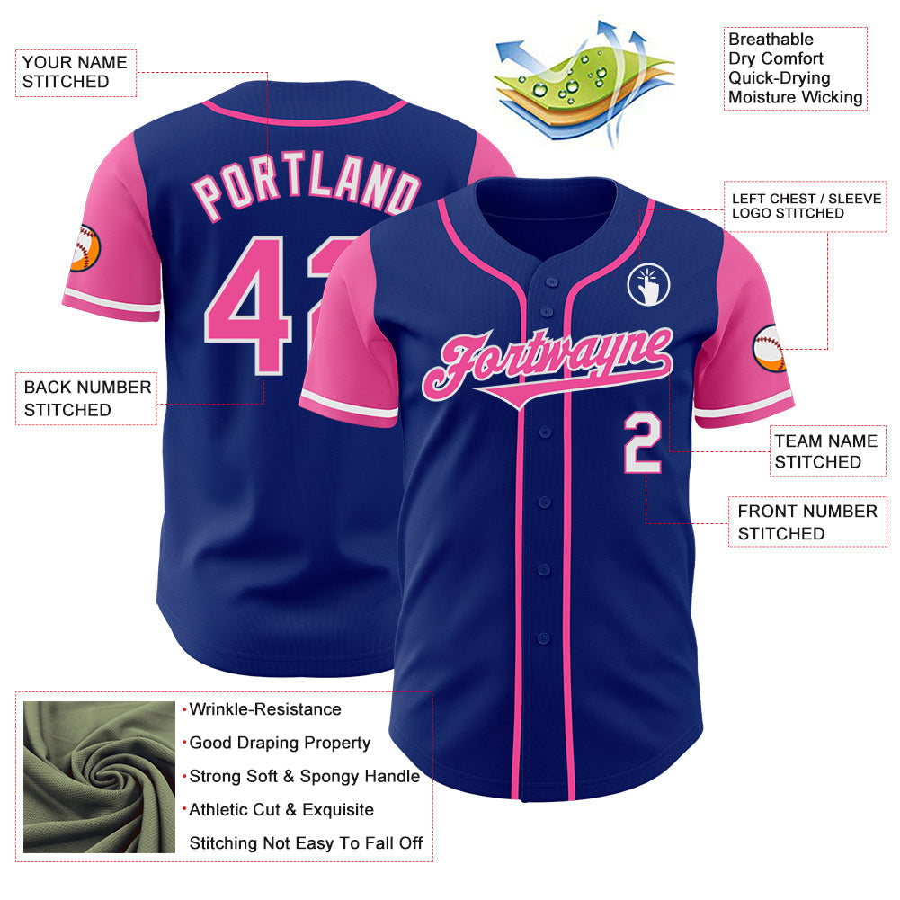 Custom Royal Pink-White Authentic Two Tone Baseball Jersey baseball jersey product view 3