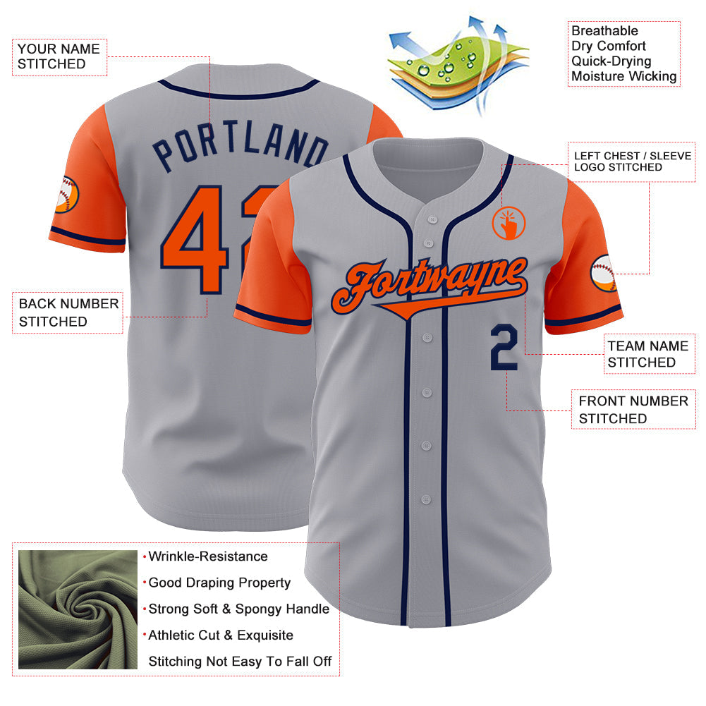 Custom Gray Orange-Navy Authentic Two Tone Baseball Jersey baseball jersey product view 3