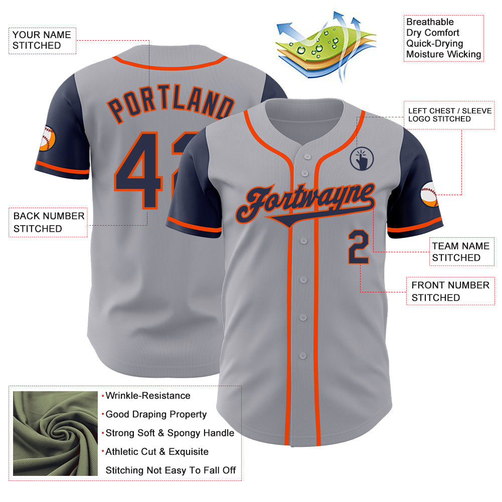Custom Gray Navy-Orange Authentic Two Tone Baseball Jersey baseball jersey product view 3