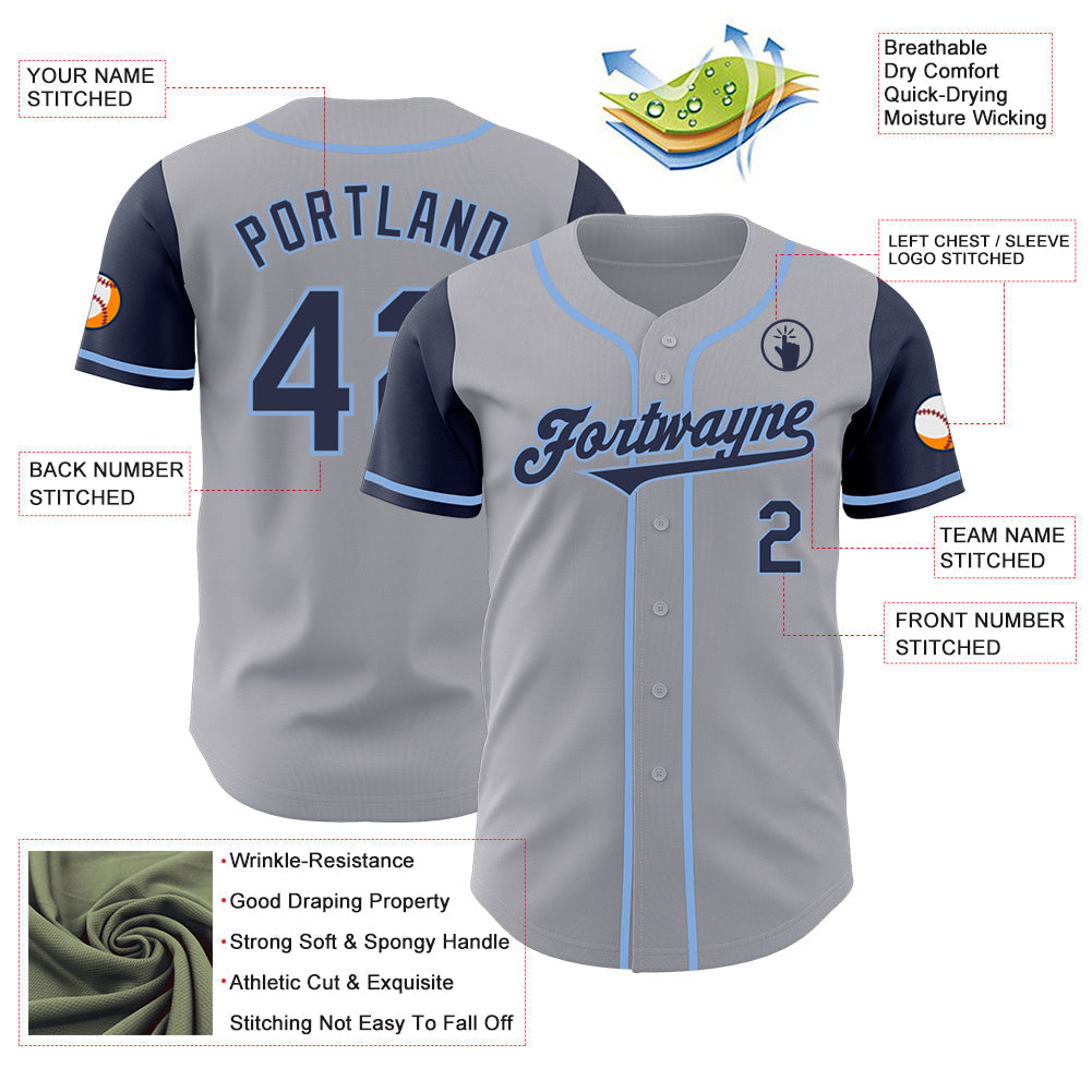 Custom Gray Navy-Light Blue Authentic Two Tone Baseball Jersey baseball jersey product view 3