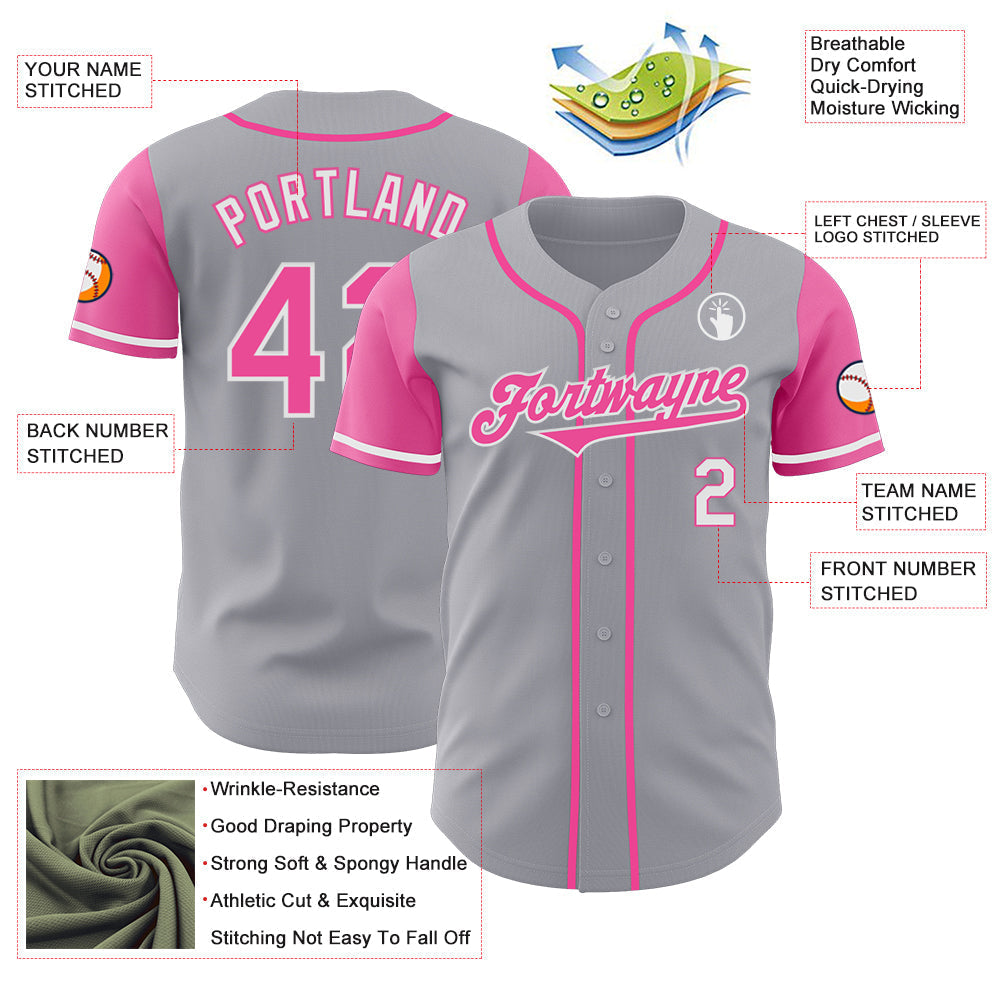 Custom Gray Pink-White Authentic Two Tone Baseball Jersey baseball jersey product view 3