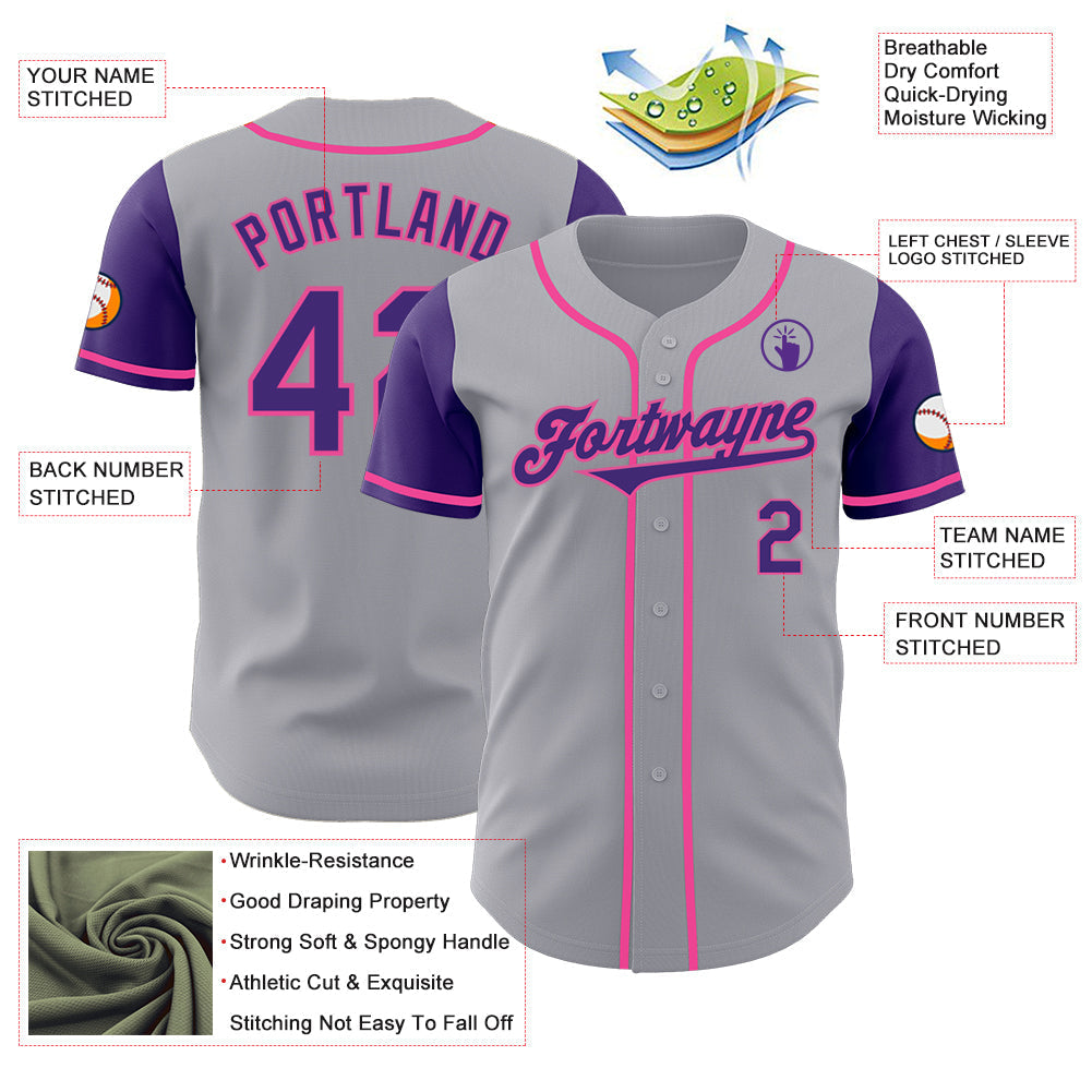 Custom Gray Purple-Pink Authentic Two Tone Baseball Jersey baseball jersey product view 3