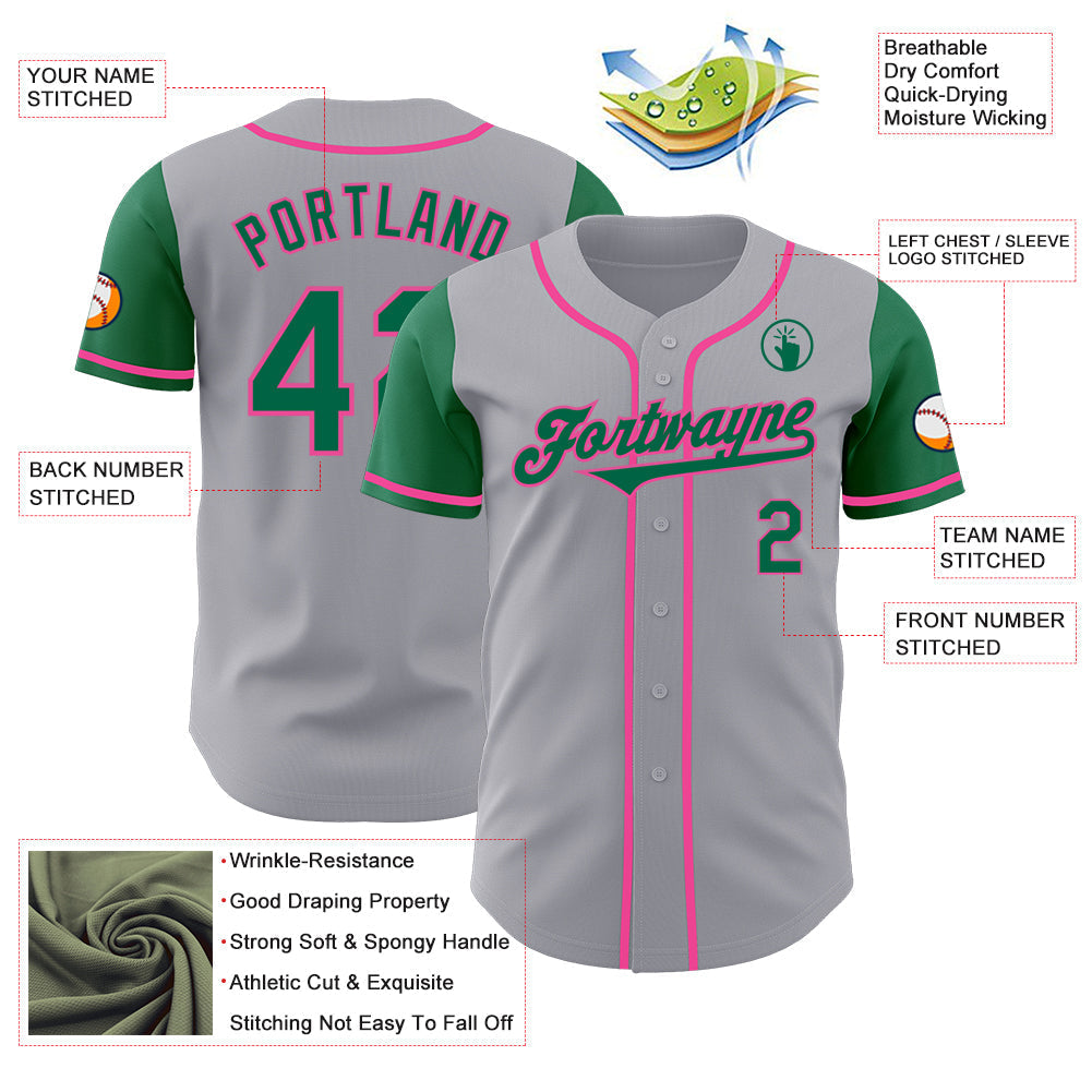 Custom Gray Kelly Green-Pink Authentic Two Tone Baseball Jersey baseball jersey product view 3