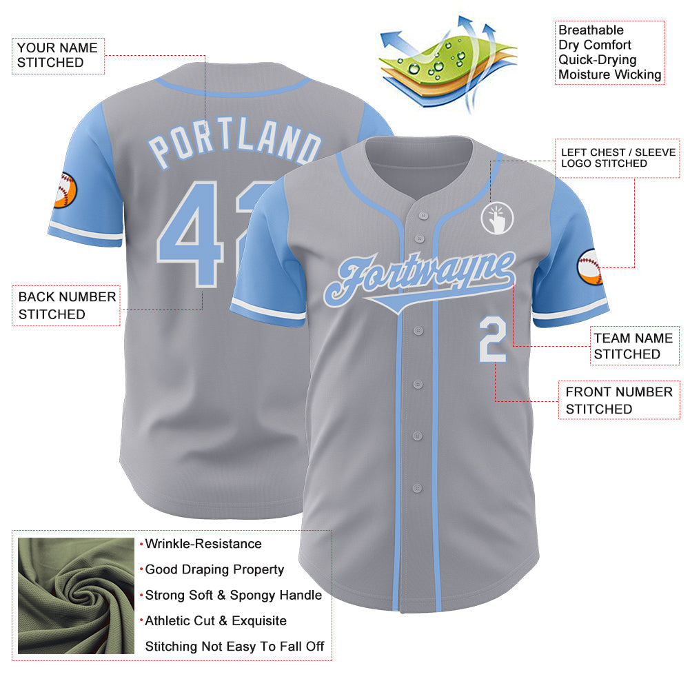 Custom Gray Light Blue-White Authentic Two Tone Baseball Jersey baseball jersey product view 3