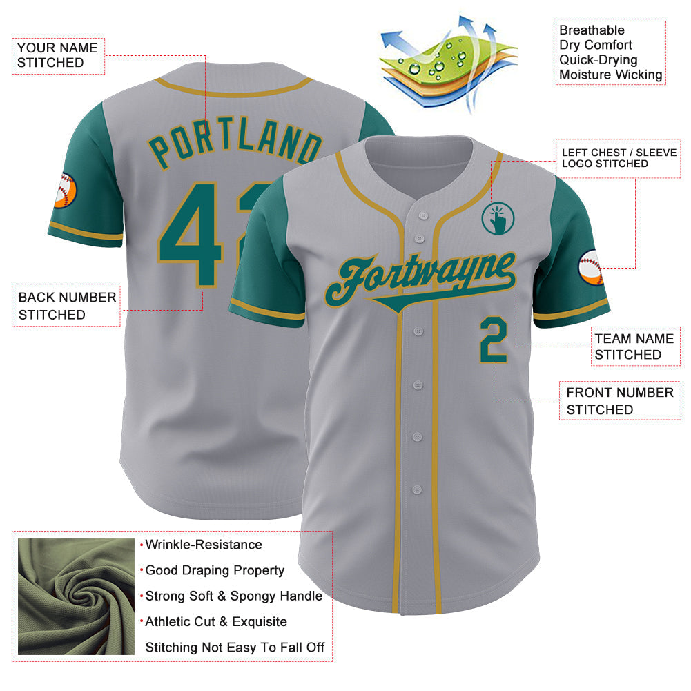 Custom Gray Teal-Old Gold Authentic Two Tone Baseball Jersey baseball jersey product view 3