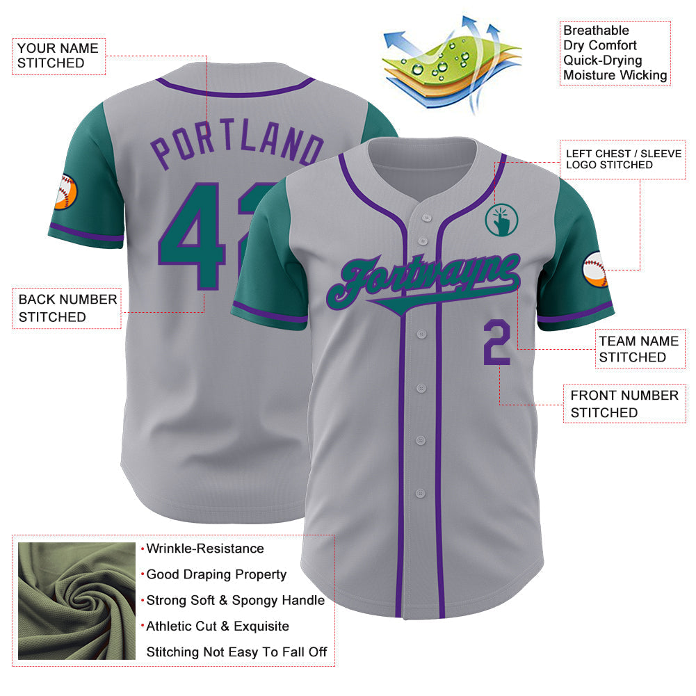 Custom Gray Teal-Purple Authentic Two Tone Baseball Jersey baseball jersey product view 3