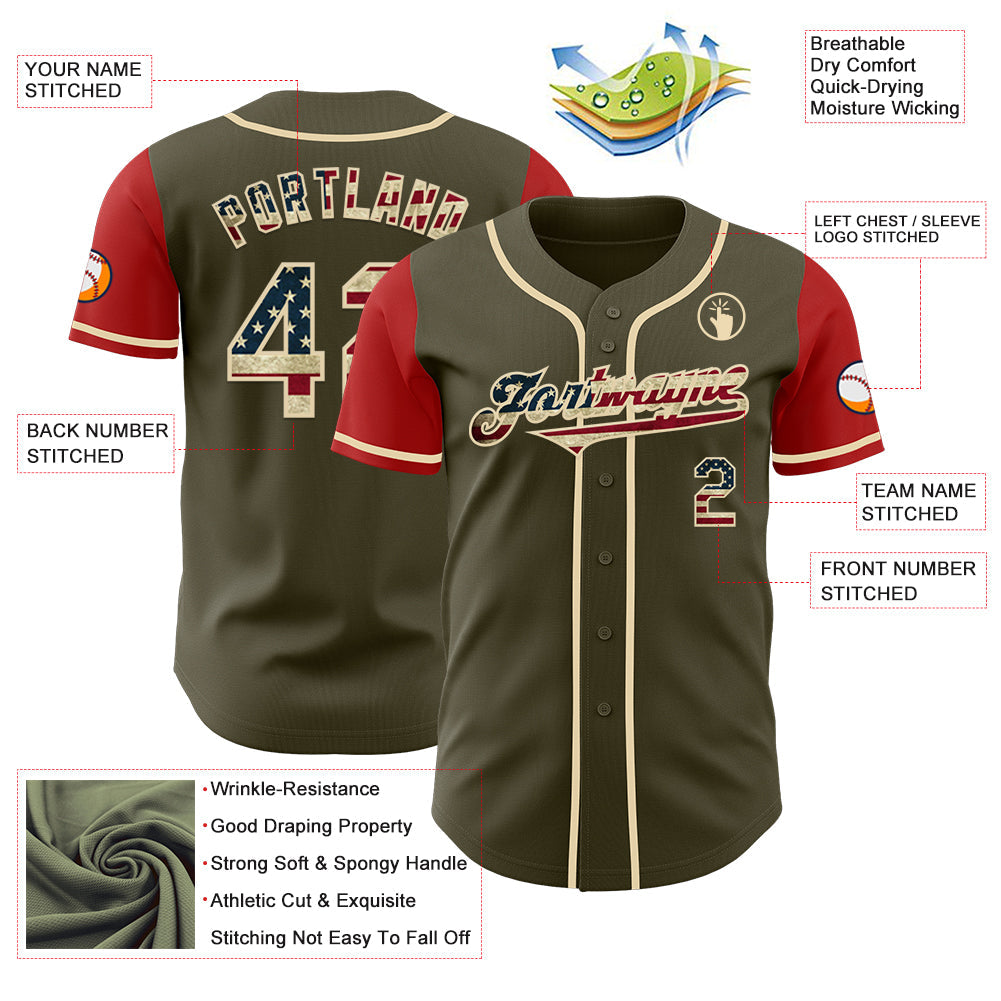 Custom Olive Vintage USA Flag Red-Cream Authentic Two Tone Salute To Service Baseball Jersey baseball jersey product view 3