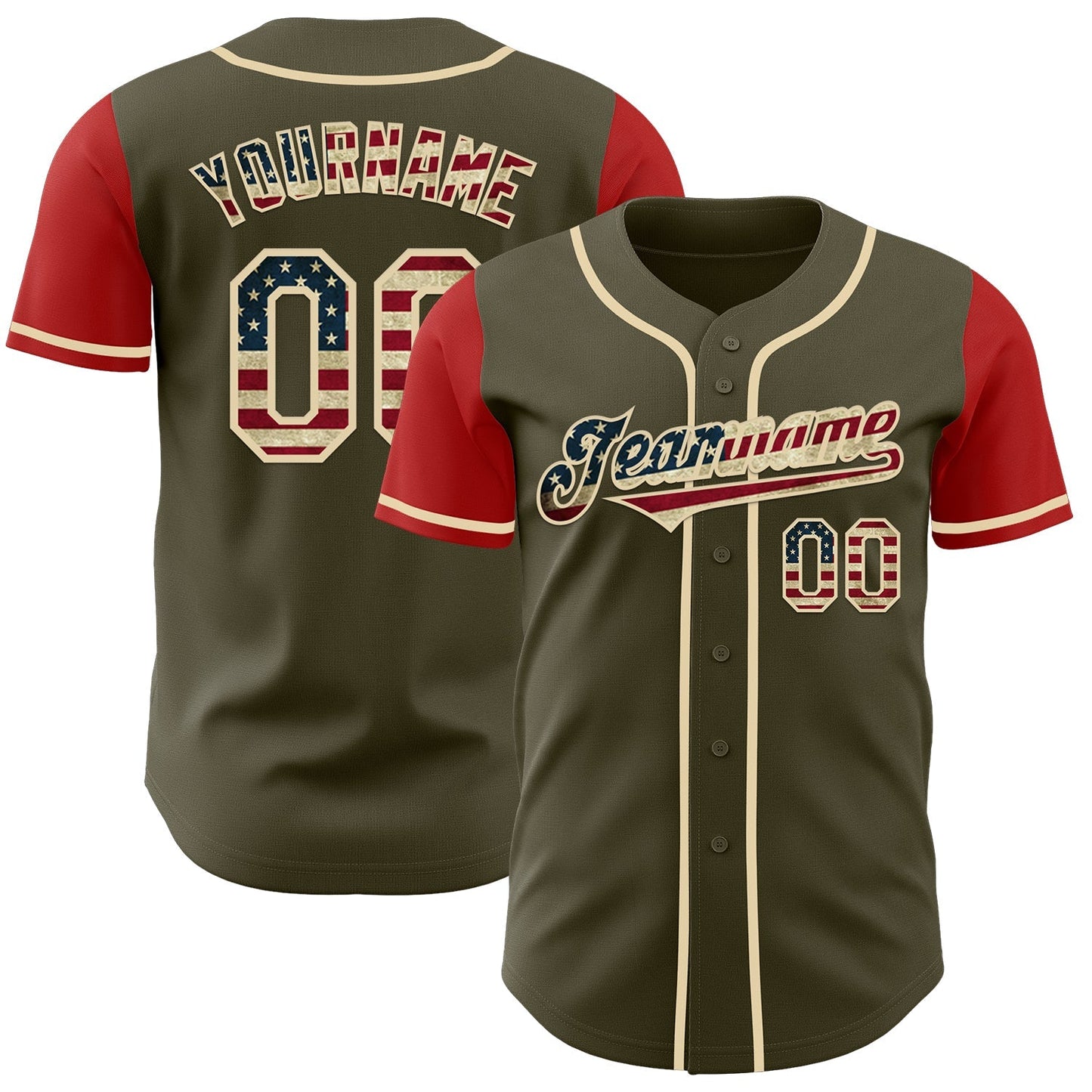 Custom Olive Vintage USA Flag Red-Cream Authentic Two Tone Salute To Service Baseball Jersey baseball jersey product view 1
