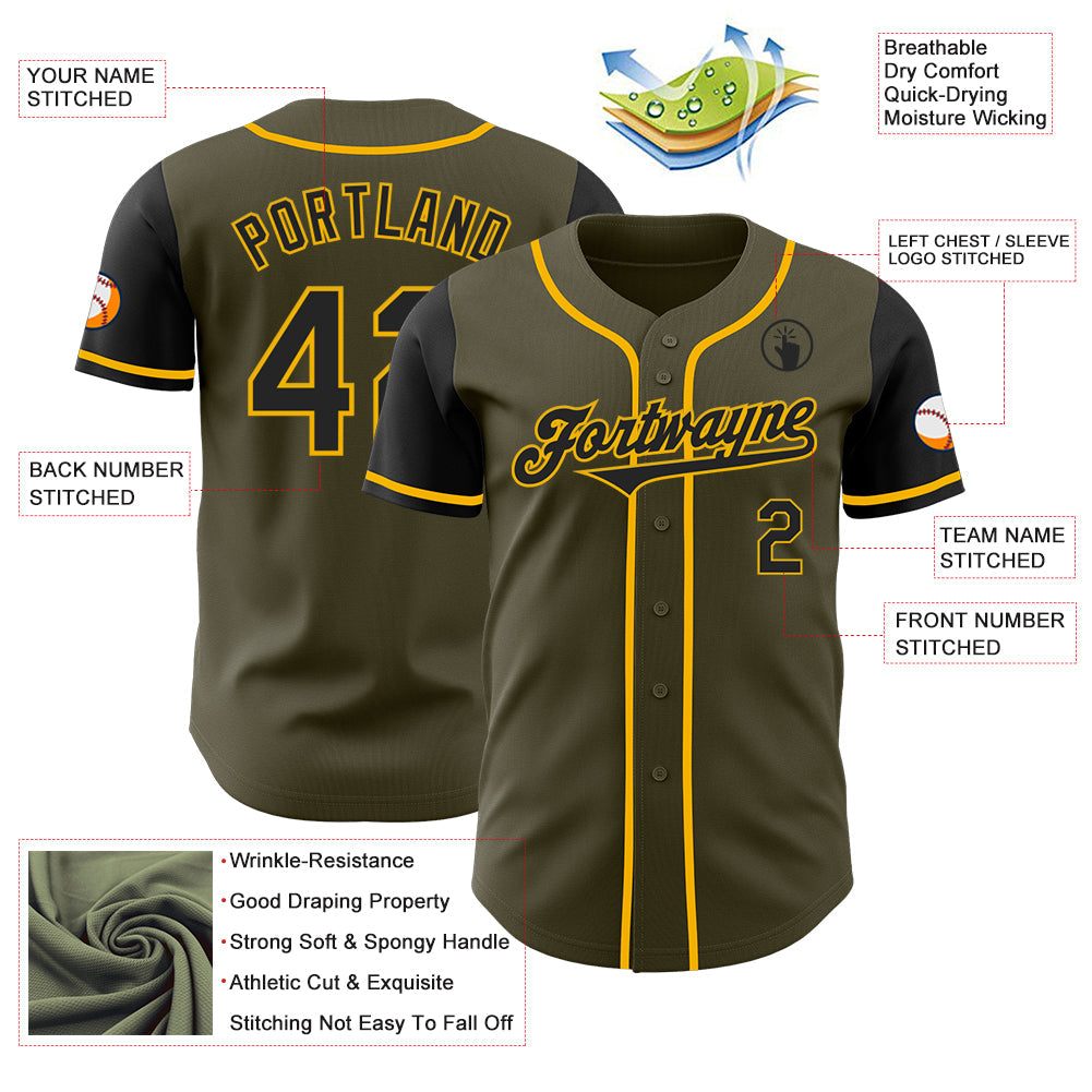 Custom Olive Black-Gold Authentic Two Tone Salute To Service Baseball Jersey baseball jersey product view 3