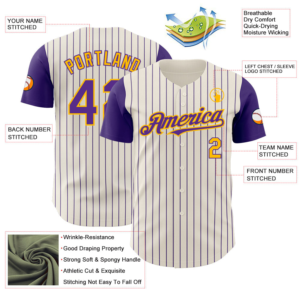 Custom Cream Purple Pinstripe Gold Authentic Two Tone Baseball Jersey baseball jersey product view 3