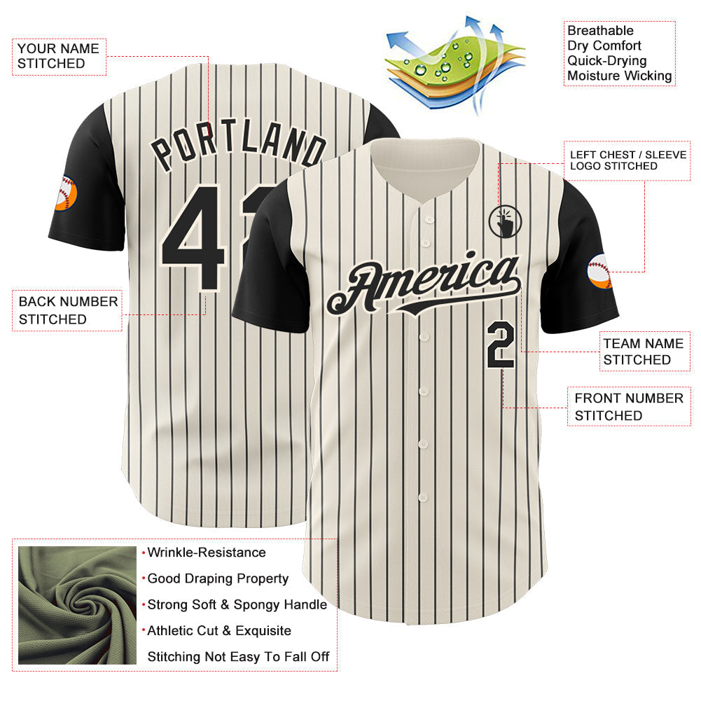 Custom Cream Black Pinstripe Black Authentic Two Tone Baseball Jersey baseball jersey product view 3