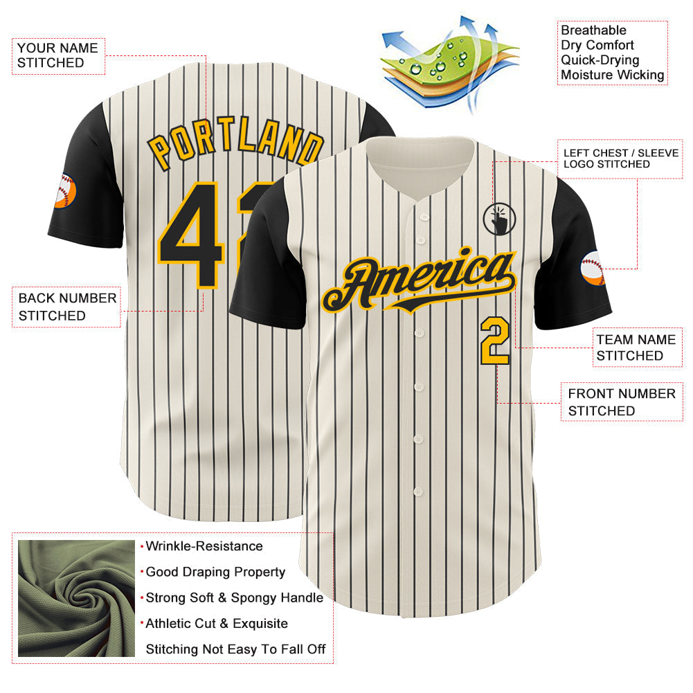 Custom Cream Black Pinstripe Gold Authentic Two Tone Baseball Jersey baseball jersey product view 3