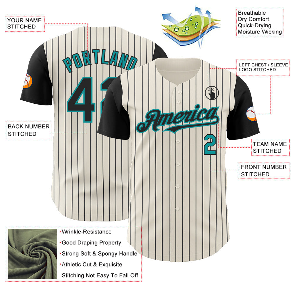 Custom Cream Black Pinstripe Teal Authentic Two Tone Baseball Jersey baseball jersey product view 3