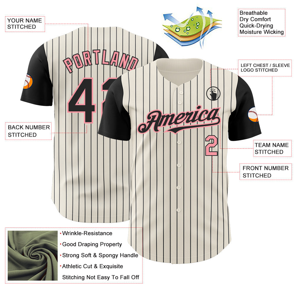 Custom Cream Black Pinstripe Medium Pink Authentic Two Tone Baseball Jersey baseball jersey product view 3
