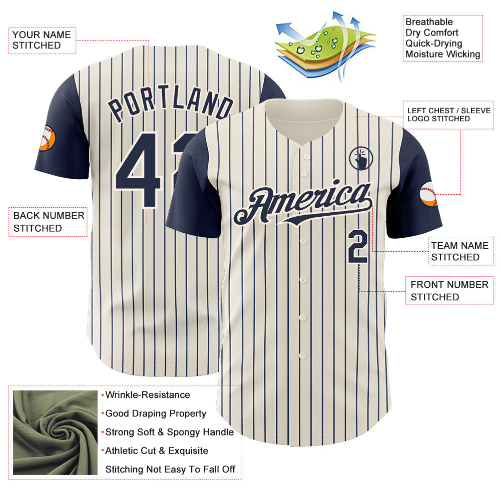 Custom Cream Navy Pinstripe Navy Authentic Two Tone Baseball Jersey baseball jersey product view 3