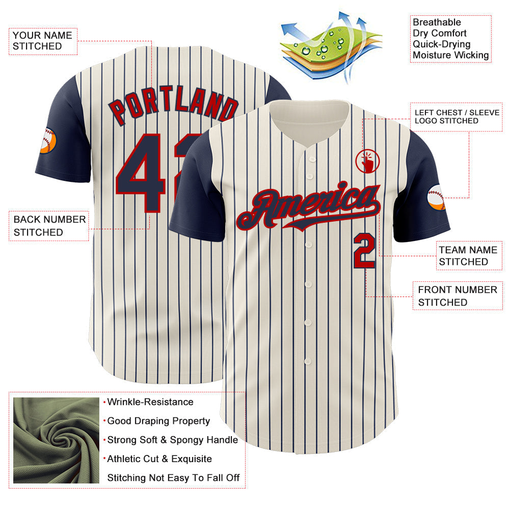 Custom Cream Navy Pinstripe Red Authentic Two Tone Baseball Jersey baseball jersey product view 3