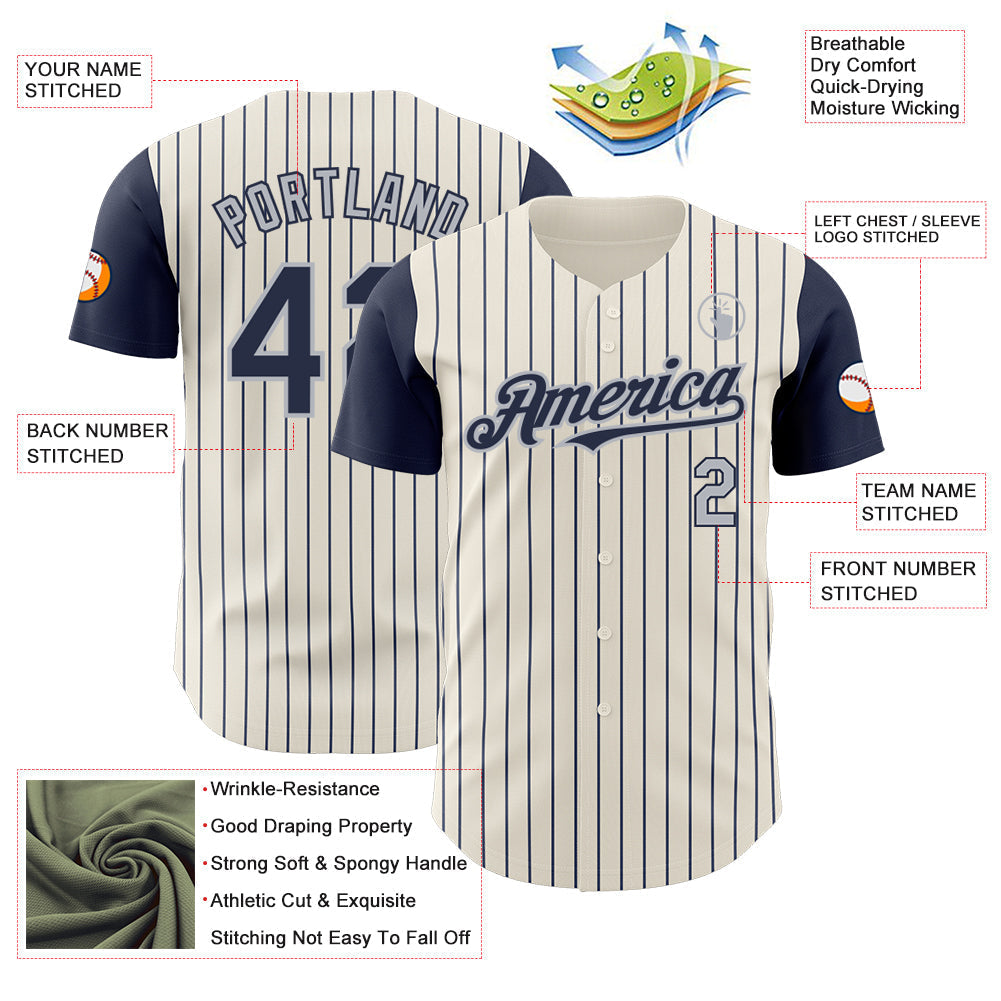 Custom Cream Navy Pinstripe Gray Authentic Two Tone Baseball Jersey baseball jersey product view 3