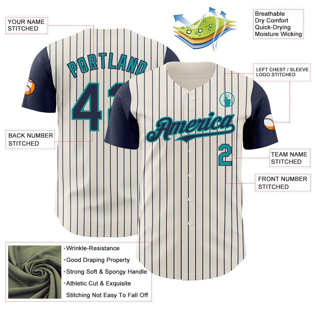 Custom Cream Navy Pinstripe Teal Authentic Two Tone Baseball Jersey baseball jersey product view 3