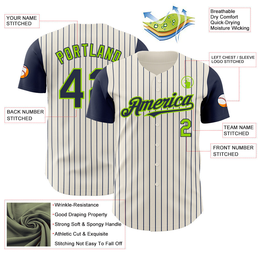Custom Cream Navy Pinstripe Neon Green Authentic Two Tone Baseball Jersey baseball jersey product view 3