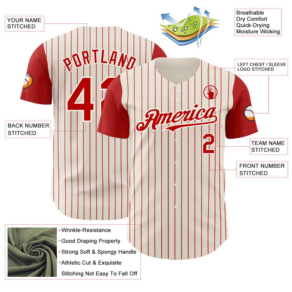 Custom Cream Red Pinstripe Red Authentic Two Tone Baseball Jersey baseball jersey product view 3