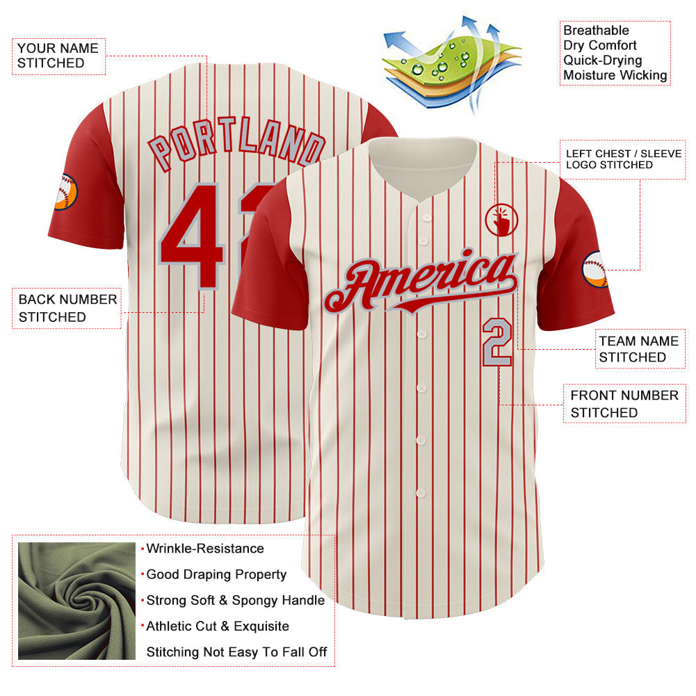 Custom Cream Red Pinstripe Gray Authentic Two Tone Baseball Jersey baseball jersey product view 3