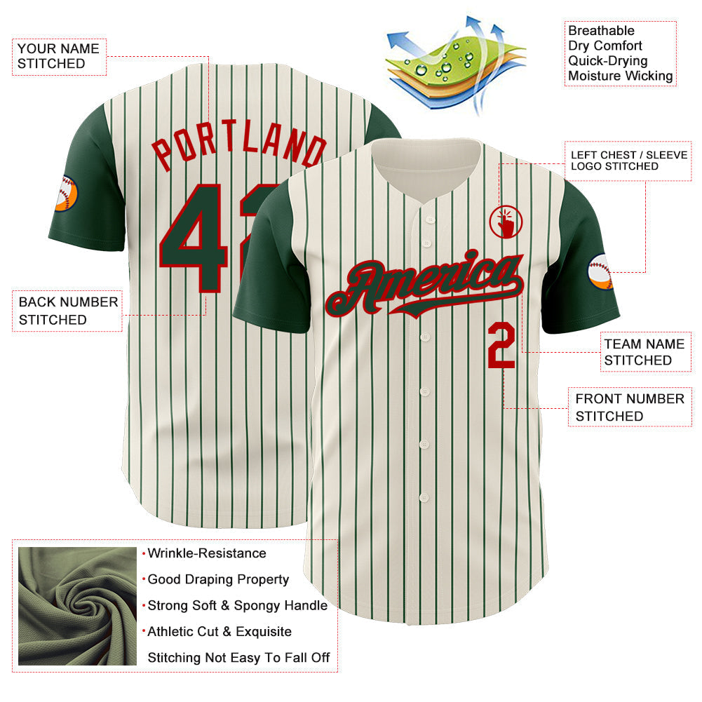 Custom Cream Green Pinstripe Red Authentic Two Tone Baseball Jersey baseball jersey product view 3
