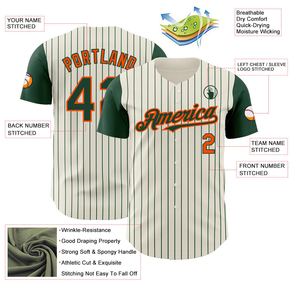 Custom Cream Green Pinstripe Orange Authentic Two Tone Baseball Jersey baseball jersey product view 3