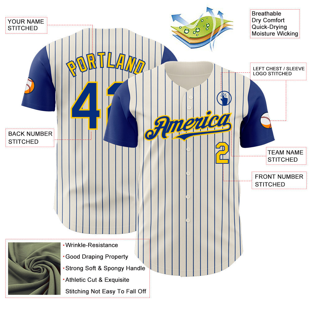 Custom Cream Royal Pinstripe Yellow Authentic Two Tone Baseball Jersey baseball jersey product view 3